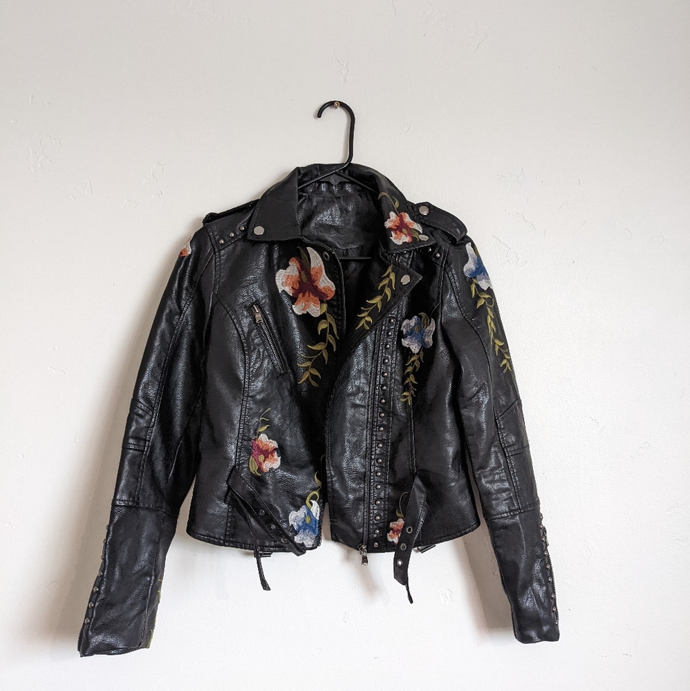 Embroidered Faux Leather Moto Jacket